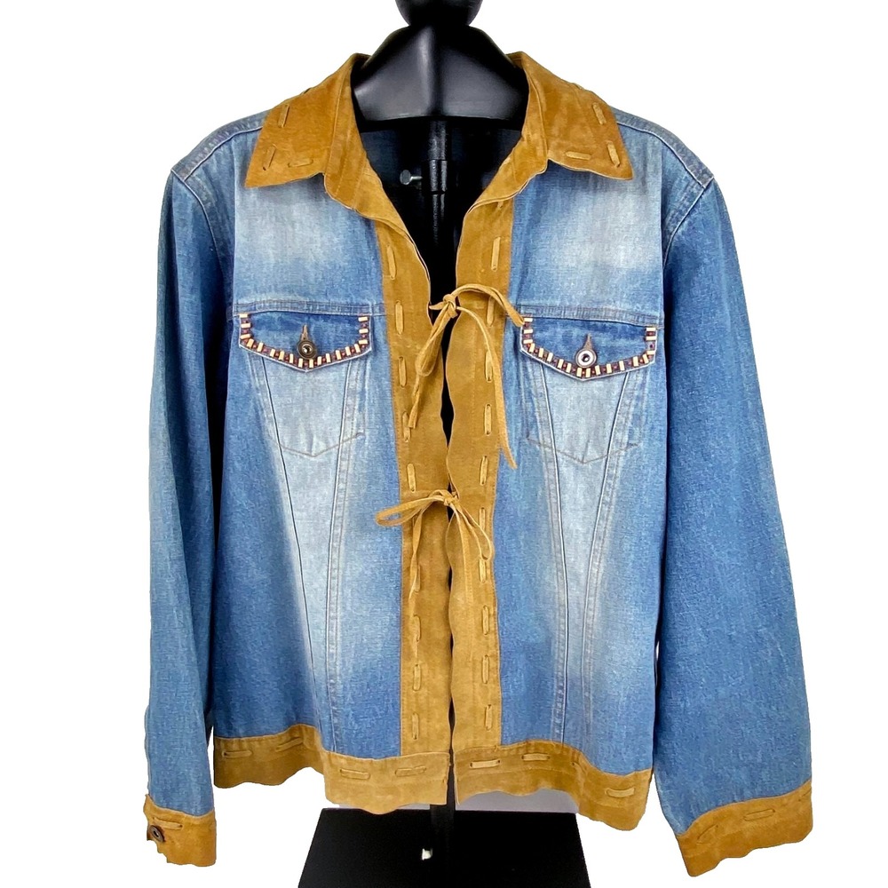 Chico's Design Denim & Genuine Leather Jacket Women's 3 (US 12 / L ) Beaded VTG